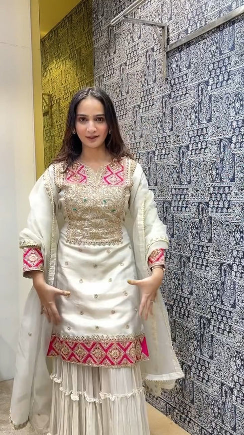 Ivory & Pink Handcrafted Embroidered Kurta Set with Sharara & Dupatta
